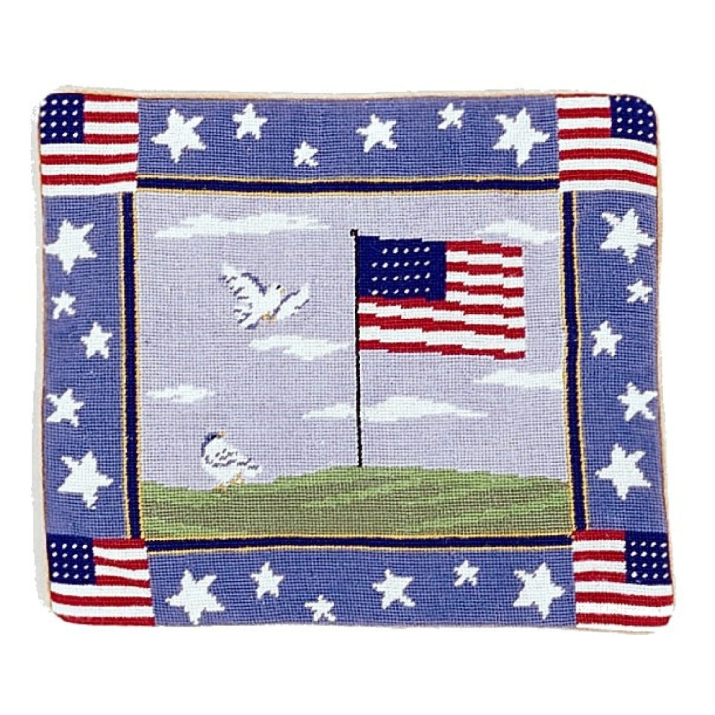 Handmade Wool Needlepoint Pillow Cover - Decorative Throw Cushion Cover - Vintage Floral Embroidery Design center flag  & 4 corner 4 flags