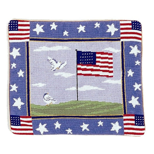 Handmade Wool Needlepoint Pillow Cover - Decorative Throw Cushion Cover - Vintage Floral Embroidery Design center flag  & 4 corner 4 flags