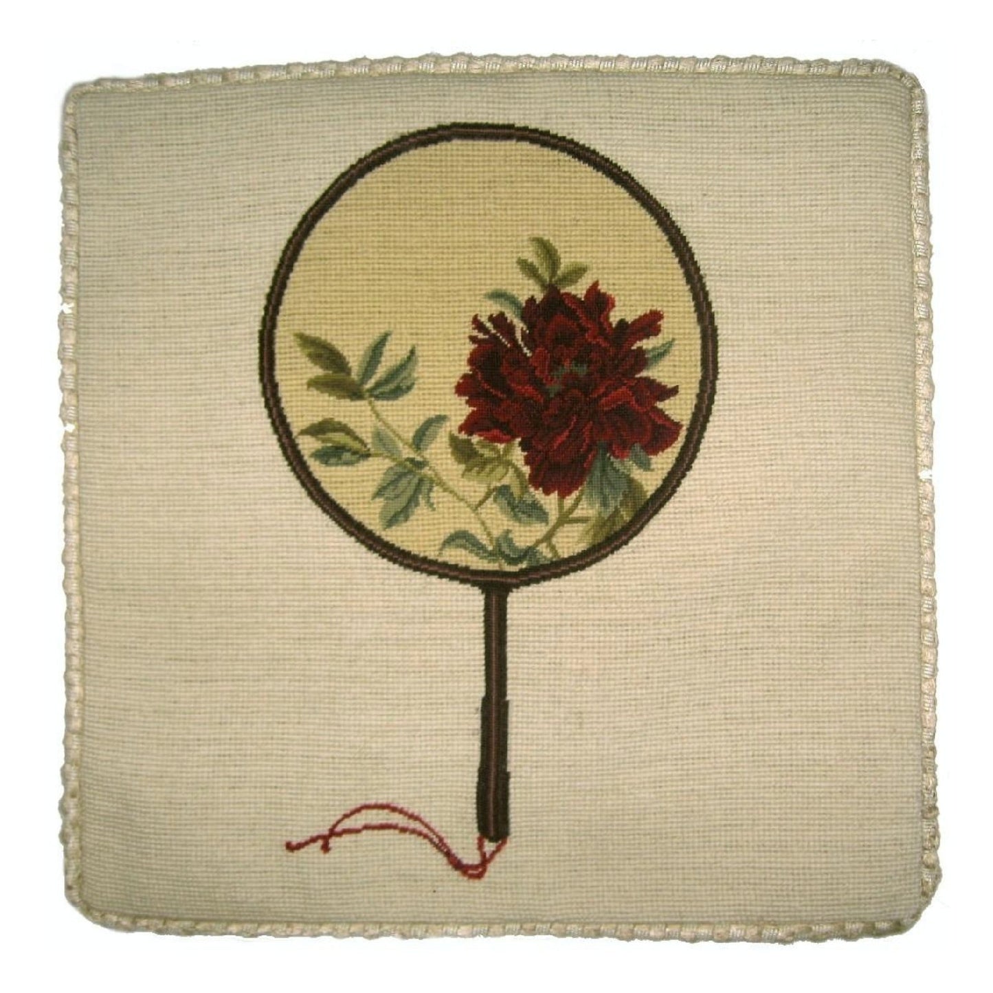 Handmade Wool Needlepoint Pillow Cover - Decorative Throw Cushion Cover - Vintage Floral Embroidery Design red peony in Chines fan with checker cording