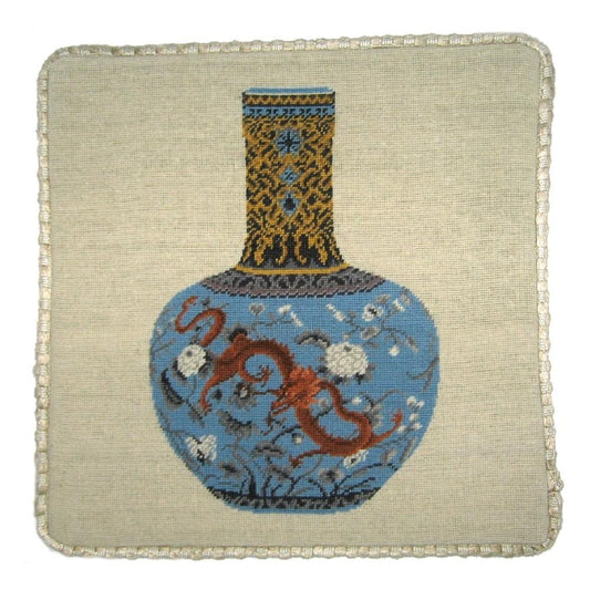 Handmade Wool Needlepoint Pillow Cover - Decorative Throw Cushion Cover - Vintage Floral Embroidery Design  Ming dynasty dragon blue vast with cording