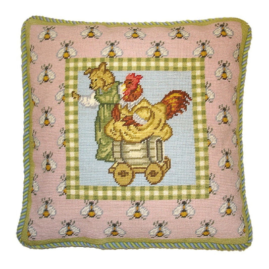 Handmade Wool Needlepoint Pillow Cover - Decorative Throw Cushion Cover - Vintage Floral Embroidery Design bear & chicken bees on the board blue green cording