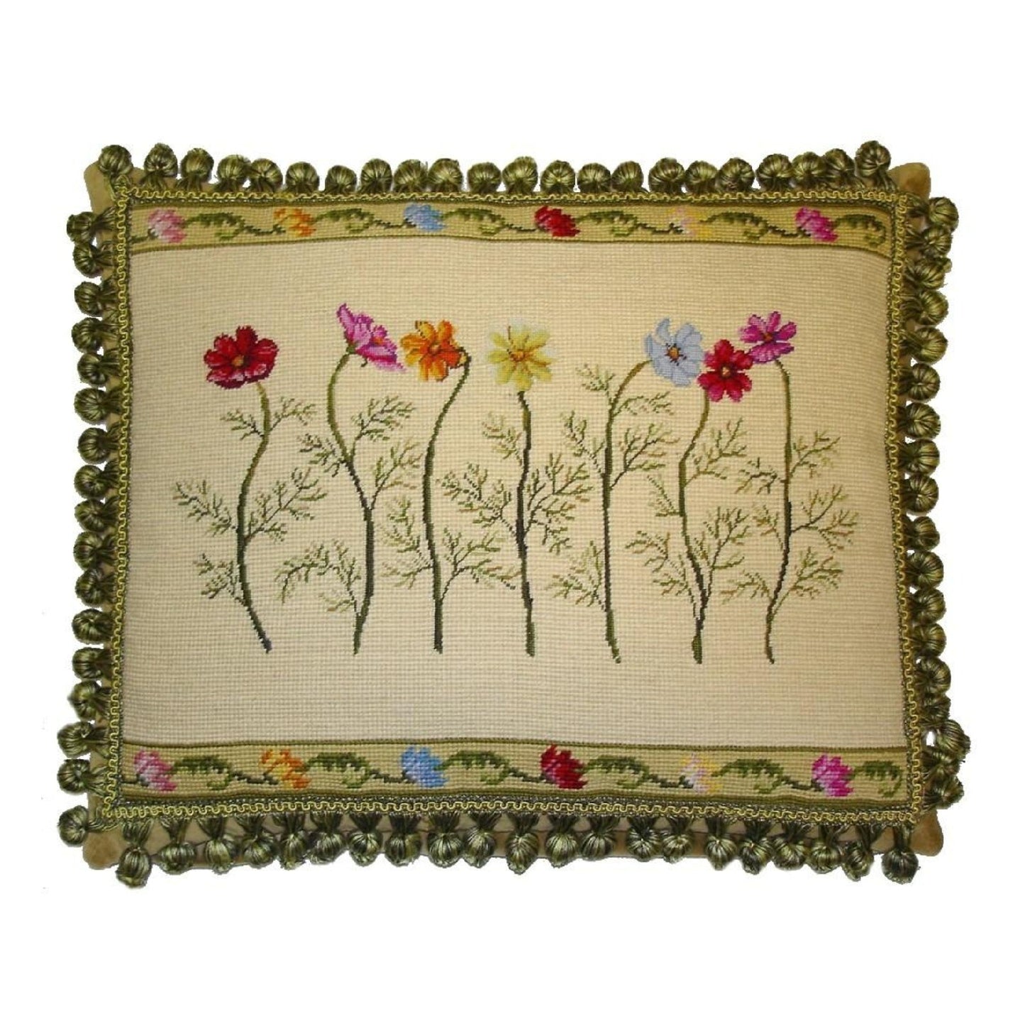 Handmade Wool Needlepoint Pillow Cover - Decorative Throw Cushion Cover - Vintage Floral Embroidery Design  with 2 color tassel II