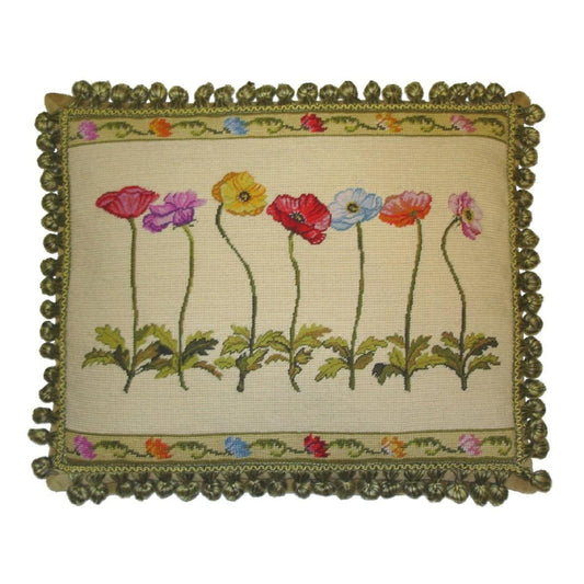 Handmade Wool Needlepoint Pillow Cover - Decorative Throw Cushion Cover - Vintage Floral Embroidery Design  with 2 color tassel