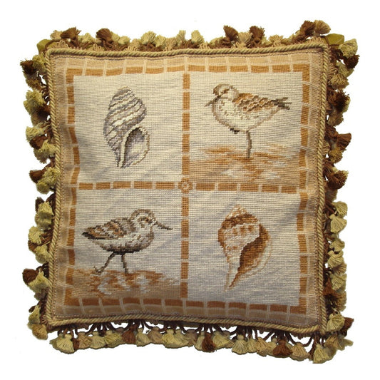 Handmade Wool Needlepoint Pillow Cover - Decorative Throw Cushion Cover - Vintage Floral Embroidery Design Brown bird and shell with tassel