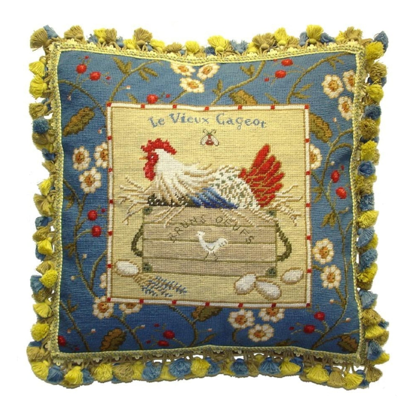 Handmade Wool Needlepoint Pillow Cover - Decorative Throw Cushion Cover - Vintage Floral Embroidery Design Sudi McCollums designLe Vieux Cageot with  bee and 3 color tassel