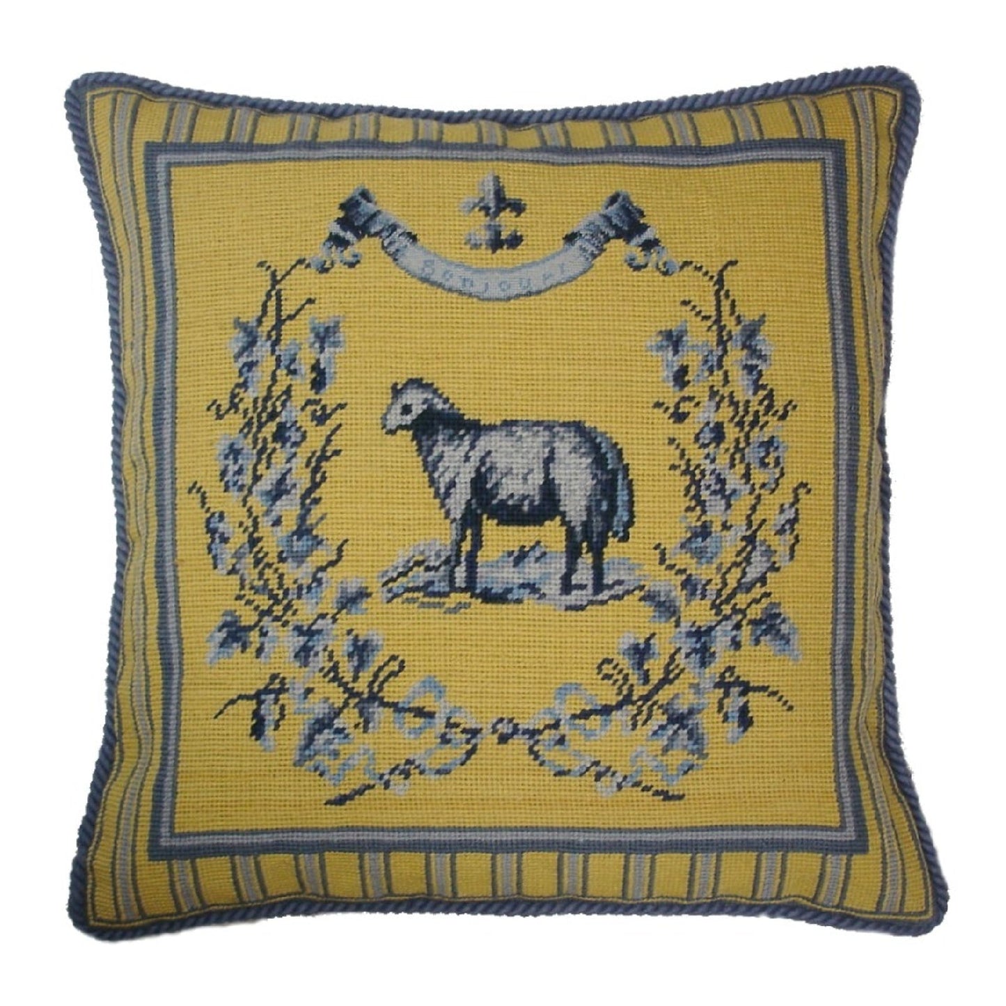 Handmade Wool Needlepoint Pillow Cover - Decorative Throw Cushion Cover - Vintage Floral Embroidery Design yellow/blue sheep with cording