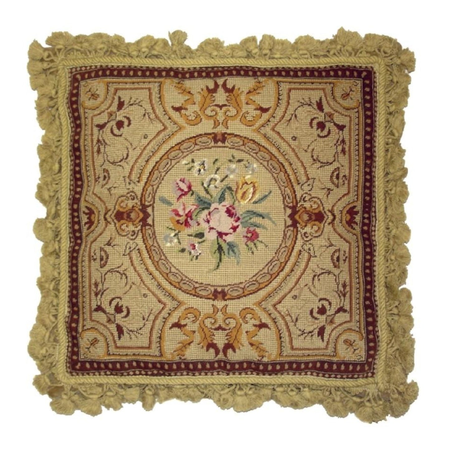 Handmade Wool Needlepoint Pillow Cover - Decorative Throw Cushion Cover - Vintage Floral Embroidery Design golden antique frame & roses center with gold tassels