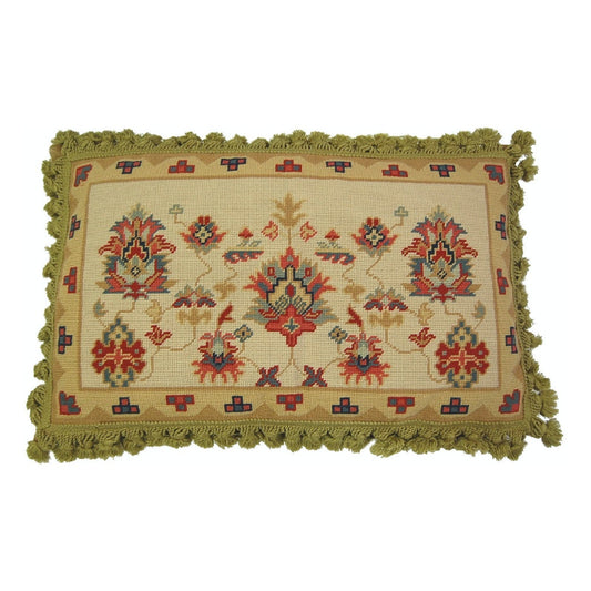 Handmade Wool Needlepoint Pillow Cover - Decorative Throw Cushion Cover - Vintage Floral Embroidery Design Turkish gold/red designs with gold tassels I