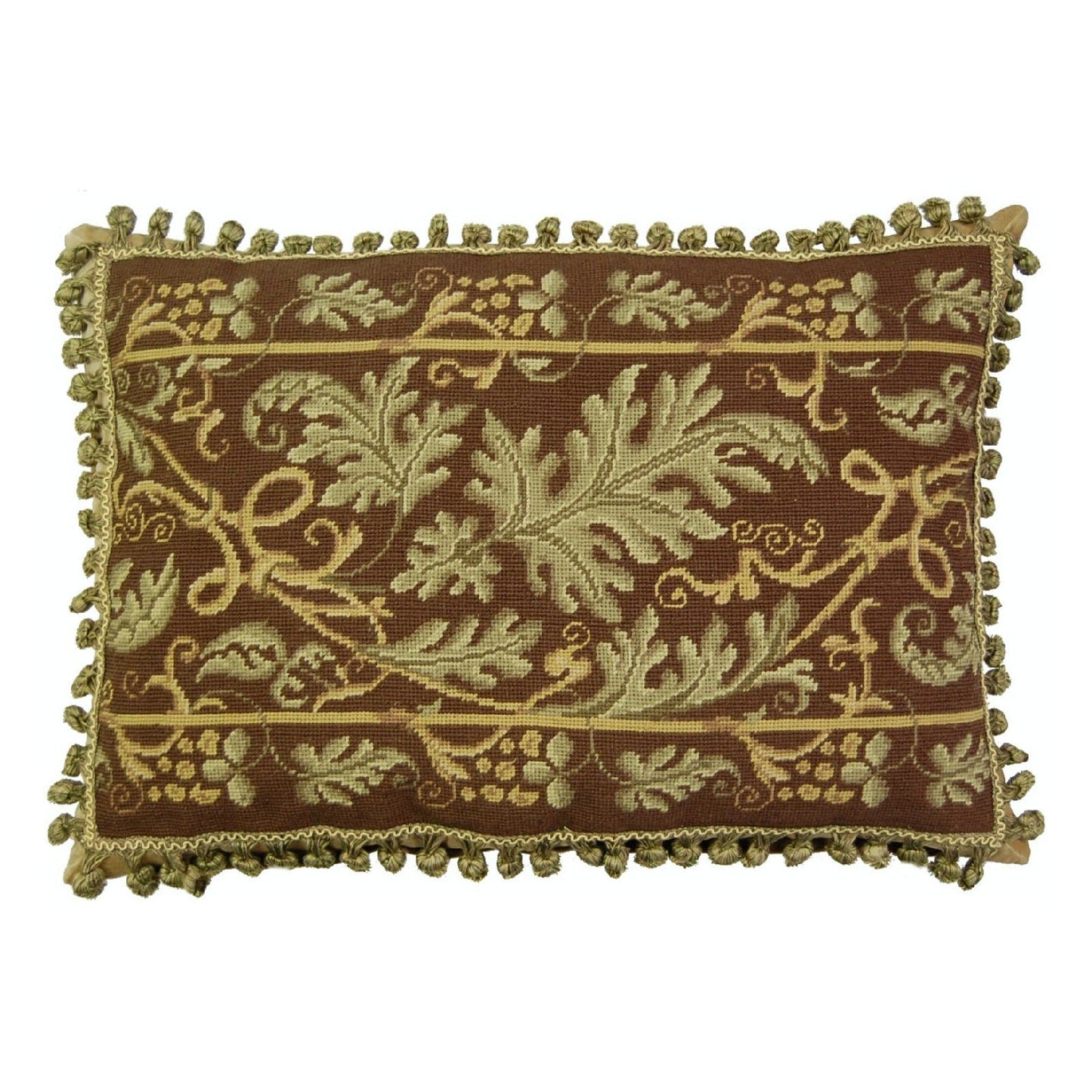 Handmade Wool Needlepoint Pillow Cover - Decorative Throw Cushion Cover - Vintage Floral Embroidery Design olive-brown grape leaves with 2 color tassel