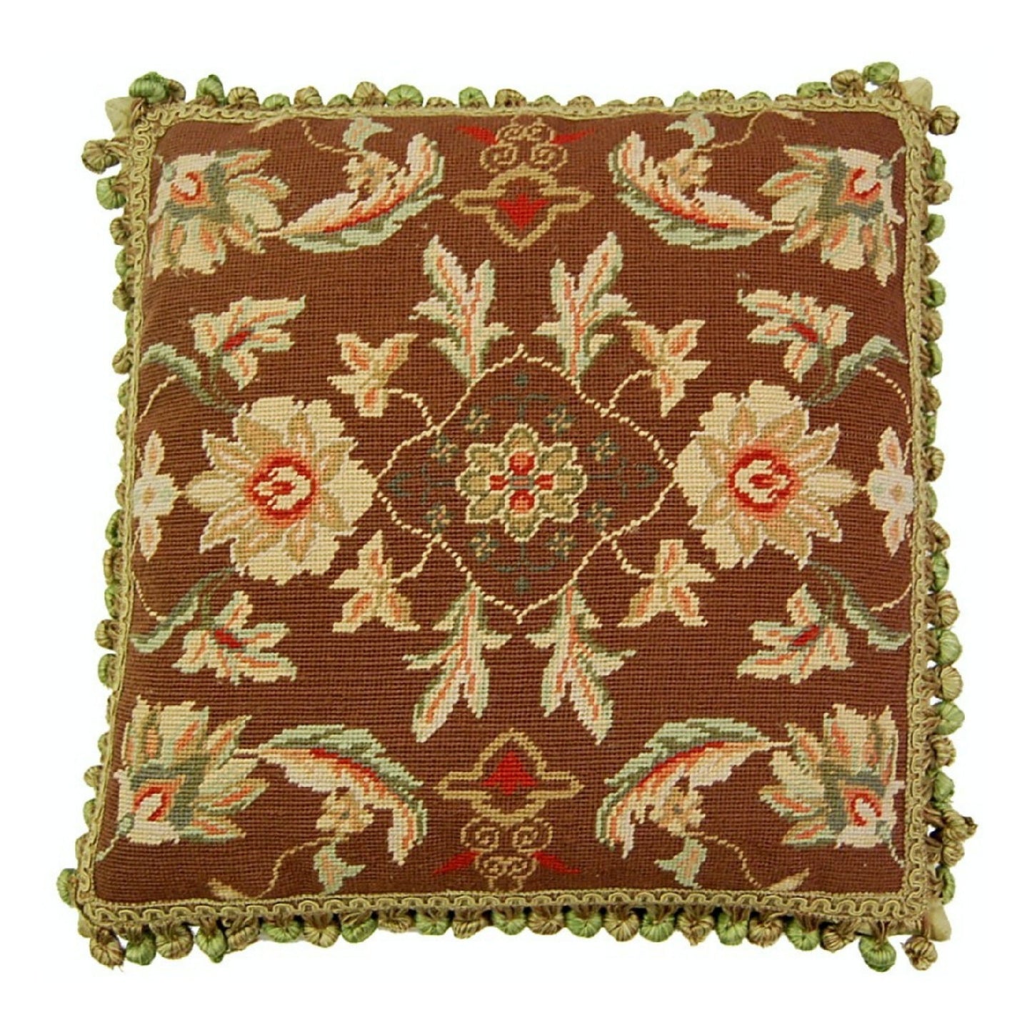 Handmade Wool Needlepoint Pillow Cover - Decorative Throw Cushion Cover - Vintage Floral Embroidery Design milk chocolate background 3 big flowers center with tassels