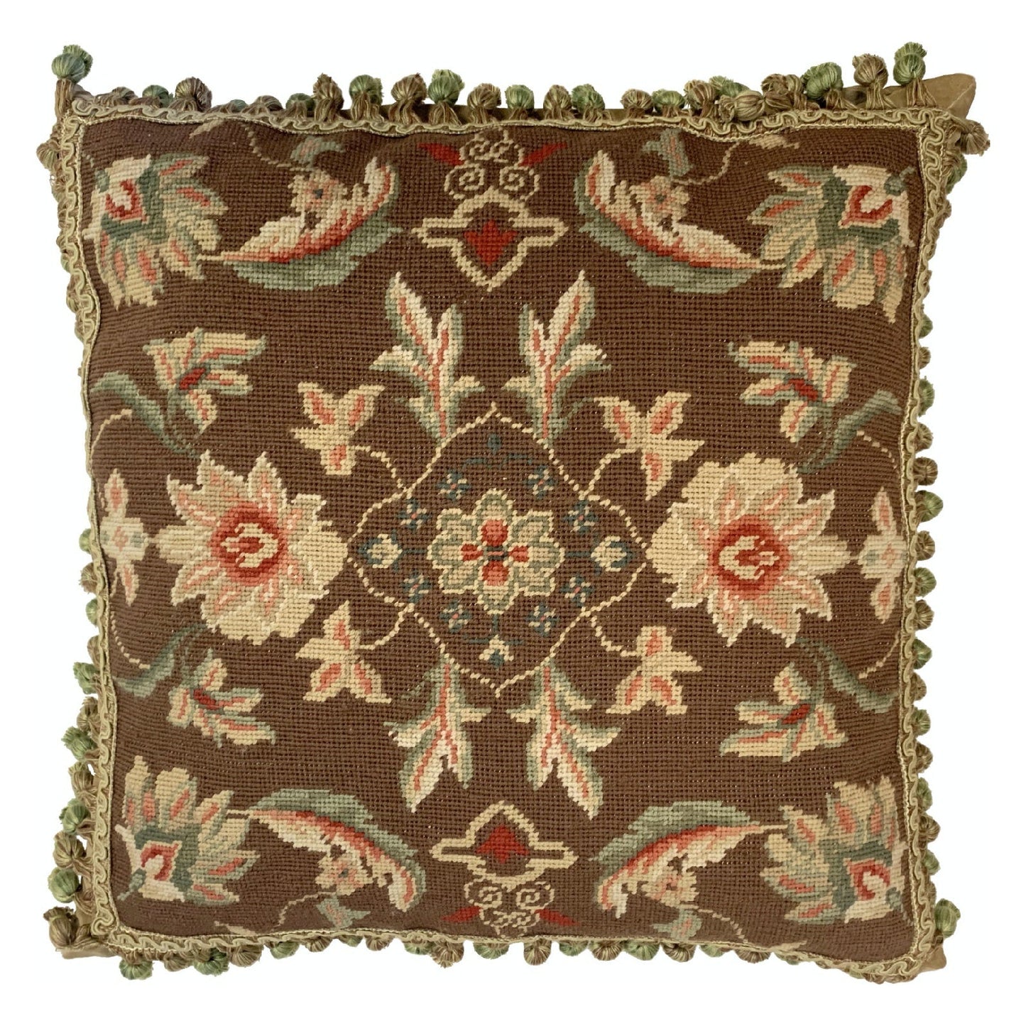 Handmade Wool Needlepoint Pillow Cover - Decorative Throw Cushion Cover - Vintage Floral Embroidery Designmilk chocolate background 3 small flower center with tassels