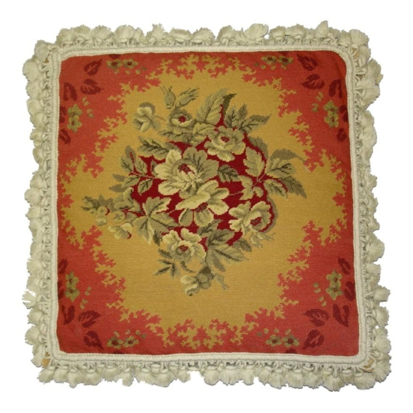 Handmade Wool Needlepoint Pillow Cover - Decorative Throw Cushion Cover - Vintage Floral Embroidery Design All  central floral red frame with nature tassels