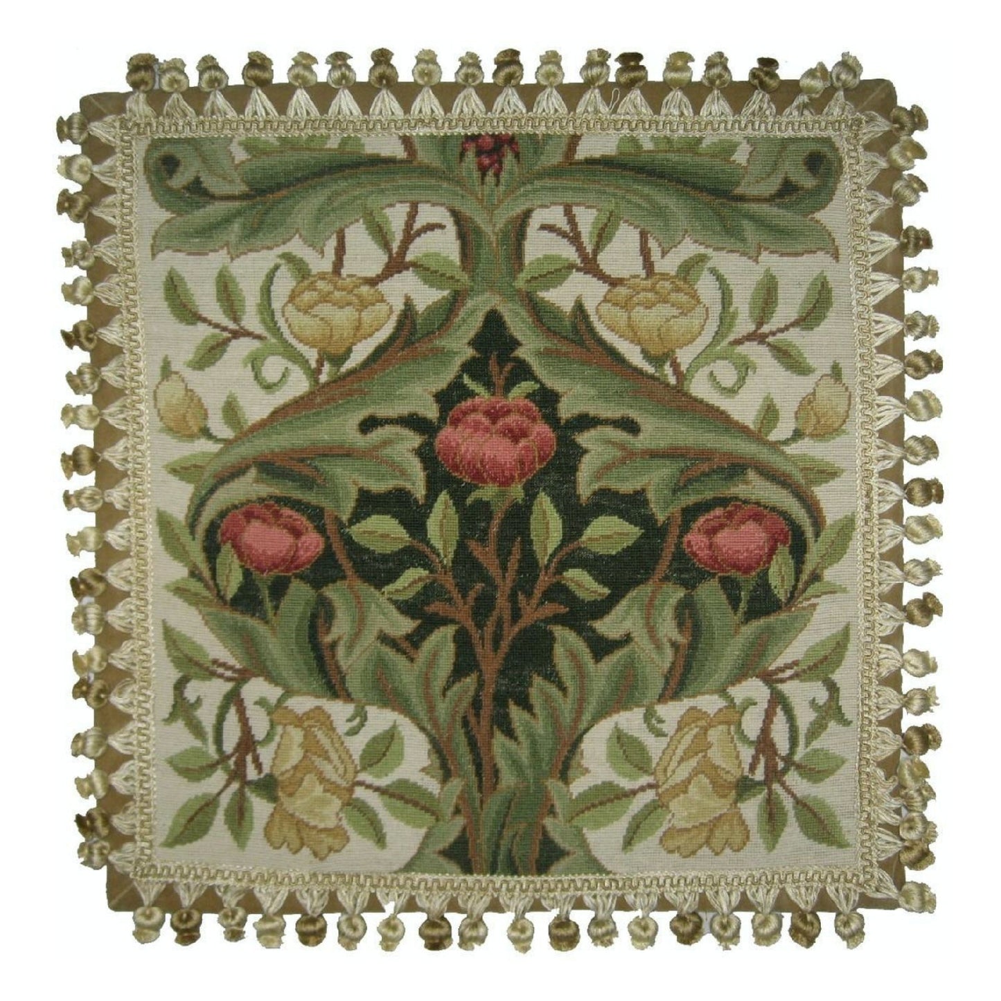 Handmade Wool Needlepoint Pillow Cover - Decorative Throw Cushion Cover - Vintage Floral Embroidery Design  old roses dark green center with tassels