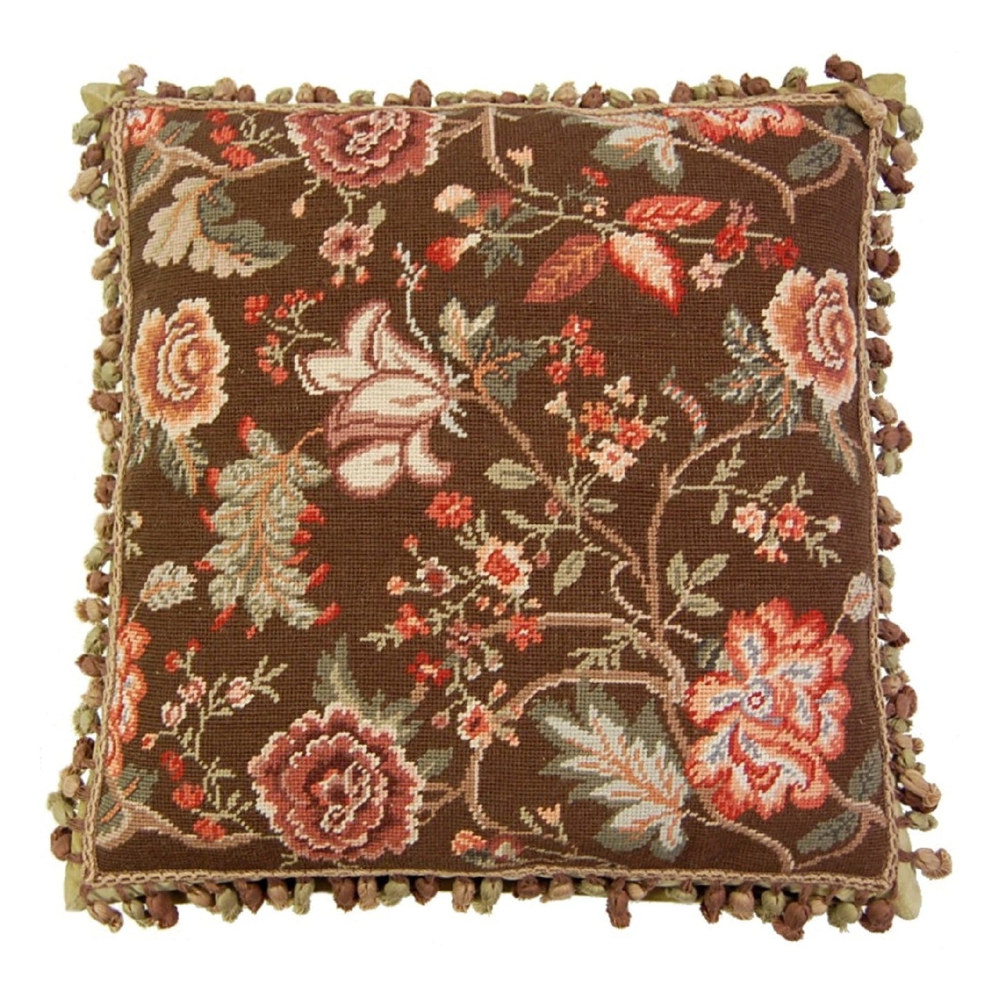 Handmade Wool Needlepoint Pillow Cover - Decorative Throw Cushion Cover - Vintage Floral Embroidery Design tropical floral with 3 color tassel