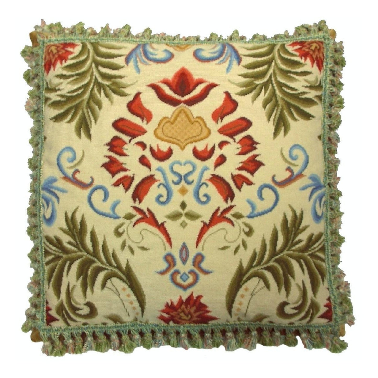 Handmade Wool Needlepoint Pillow Cover - Decorative Throw Cushion Cover - Vintage Floral Embroidery Design  red tulip green leaves with tassels