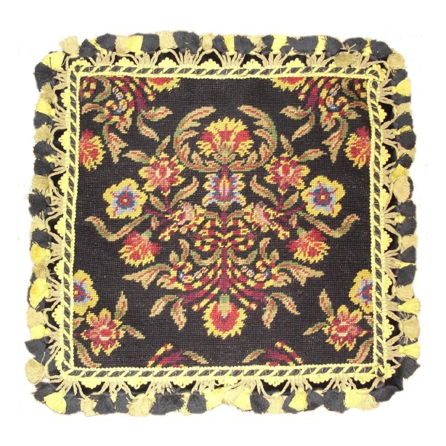 Handmade Wool Needlepoint Pillow Cover - Decorative Throw Cushion Cover - Vintage Floral Embroidery Design William Morris design black background 2 color tassel