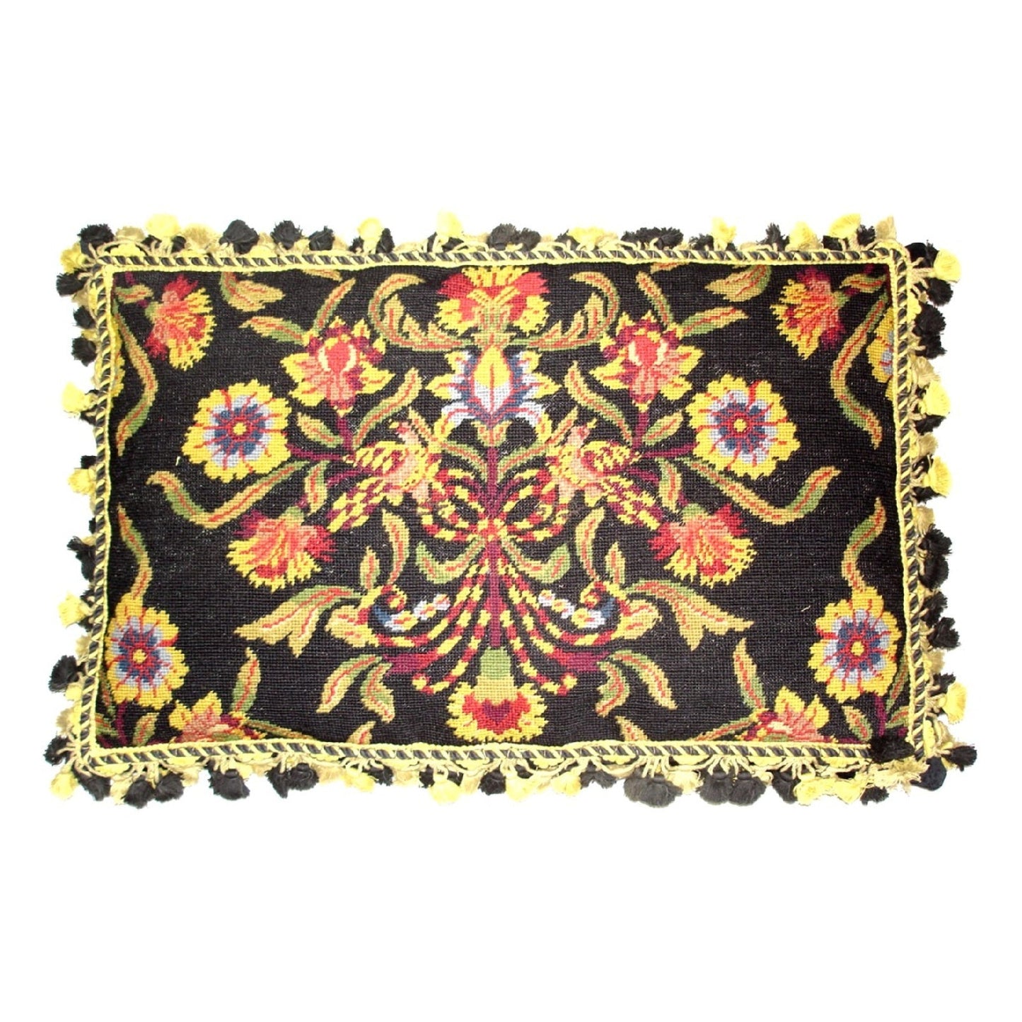 Handmade Wool Needlepoint Pillow Cover - Decorative Throw Cushion Cover - Vintage Floral Embroidery Design William Morris design black with 3 color tassel