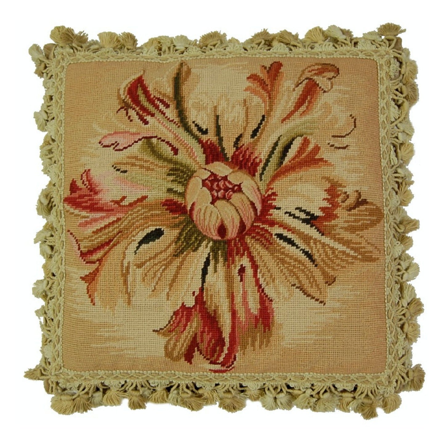 Handmade Wool Needlepoint Pillow Cover - Decorative Throw Cushion Cover - Vintage Floral Embroidery Design  Corn Flower center with tassel