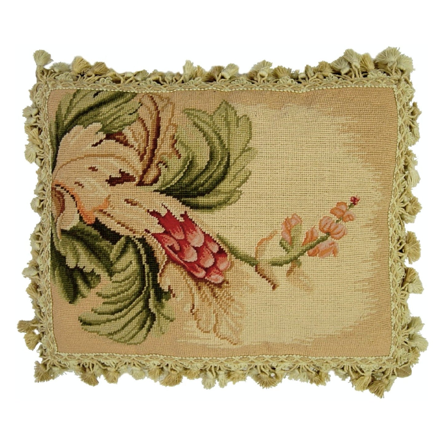 Handmade Wool Needlepoint Pillow Cover - Decorative Throw Cushion Cover - Vintage Floral Embroidery Design Corn blooming side with tassel