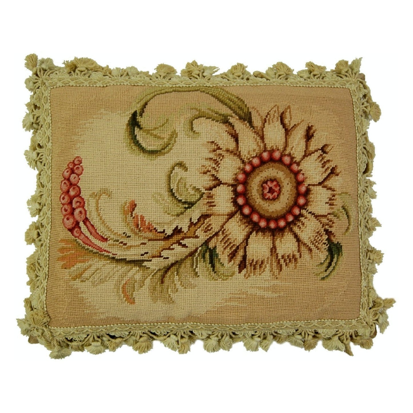 Handmade Wool Needlepoint Pillow Cover - Decorative Throw Cushion Cover - Vintage Floral Embroidery Design Wheat flower side with tassels