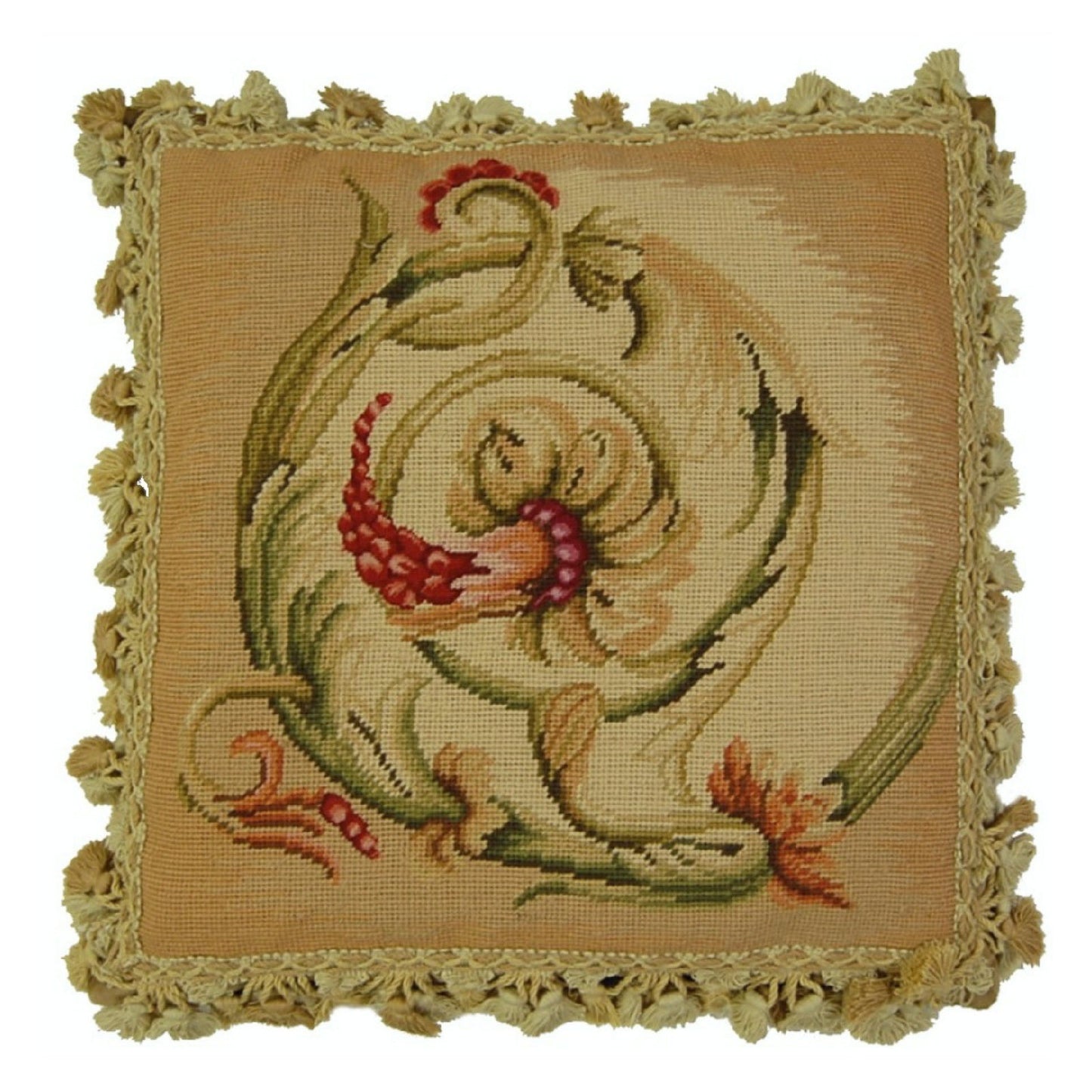 Handmade Wool Needlepoint Pillow Cover - Decorative Throw Cushion Cover - Vintage Floral Embroidery Design  Wheat blooming center circling with tassel