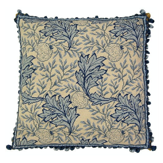 Handmade Wool Needlepoint Pillow Cover - Decorative Throw Cushion Cover - Vintage Floral Embroidery Design blue/white William Morris grapes leaves with 2 color tassels