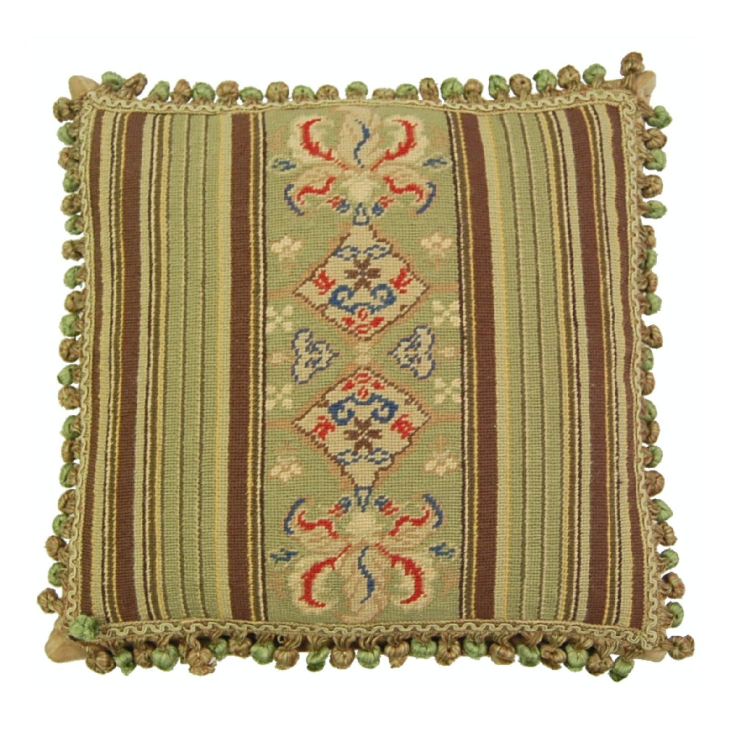 Handmade Wool Needlepoint Pillow Cover - Decorative Throw Cushion Cover - Vintage Floral Embroidery Design green/brown patten with lager patten center with 3 color tassels