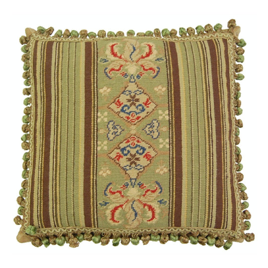 Handmade Wool Needlepoint Pillow Cover - Decorative Throw Cushion Cover - Vintage Floral Embroidery Design green/brown patten with lager patten center with 3 color tassels