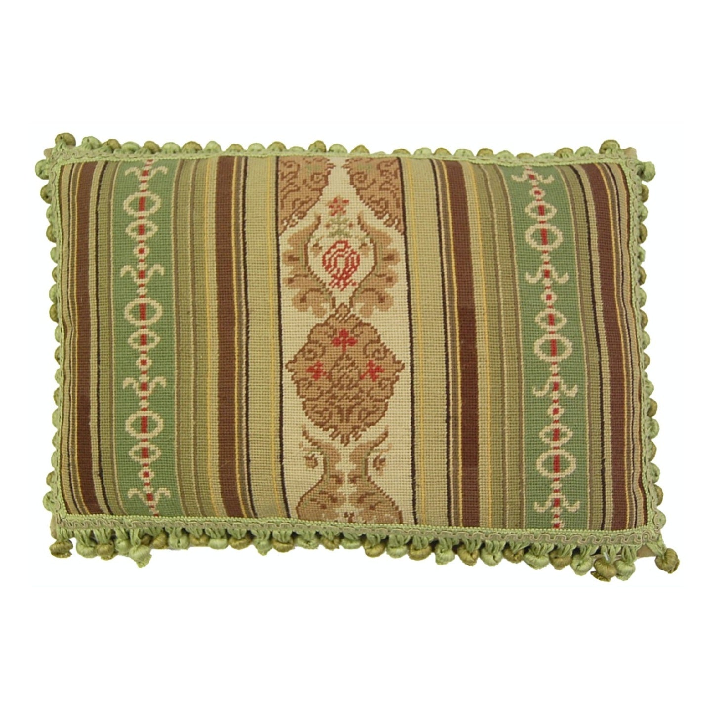 Handmade Wool Needlepoint Pillow Cover - Decorative Throw Cushion Cover - Vintage Floral Embroidery Design green/brown large patten in center with 3 color tassels