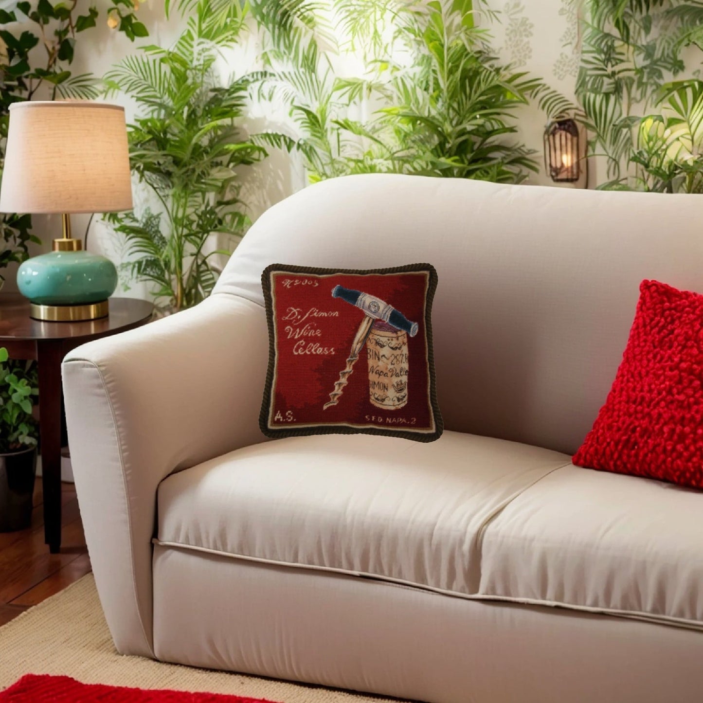 Handmade Wool Needlepoint Pillow Cover - Decorative Throw Cushion Cover - Vintage Floral Embroidery Design pin & cork red back Angela Staehling designBine 287 with cording