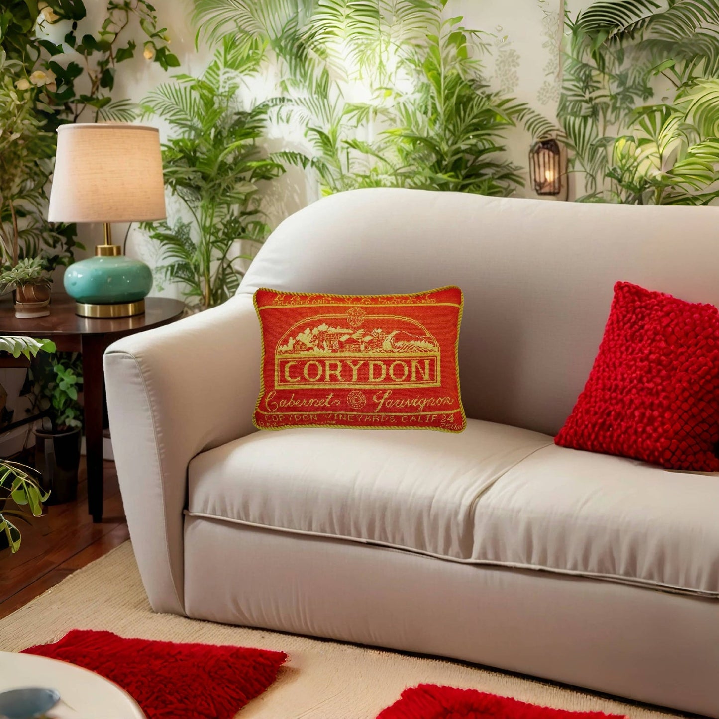 Handmade Wool Needlepoint Pillow Cover - Decorative Throw Cushion Cover - Vintage Floral Embroidery Design with   Corydon label gold cording