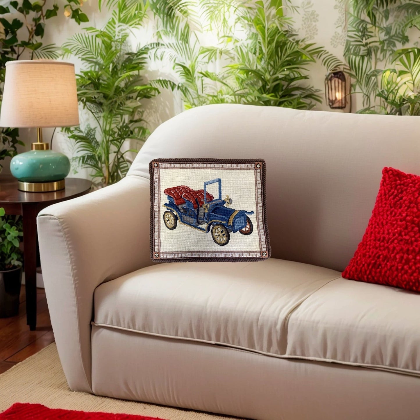 Handmade Wool Needlepoint Pillow Cover - Decorative Throw Cushion Cover - Vintage Floral Embroidery Design blue/red wagon with brown cording