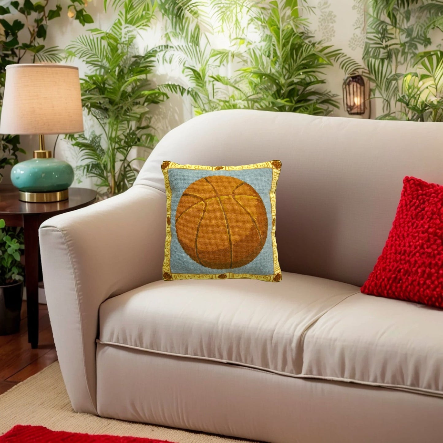 Handmade Wool Needlepoint Pillow Cover - Decorative Throw Cushion Cover - Vintage Floral Embroidery Design basketball