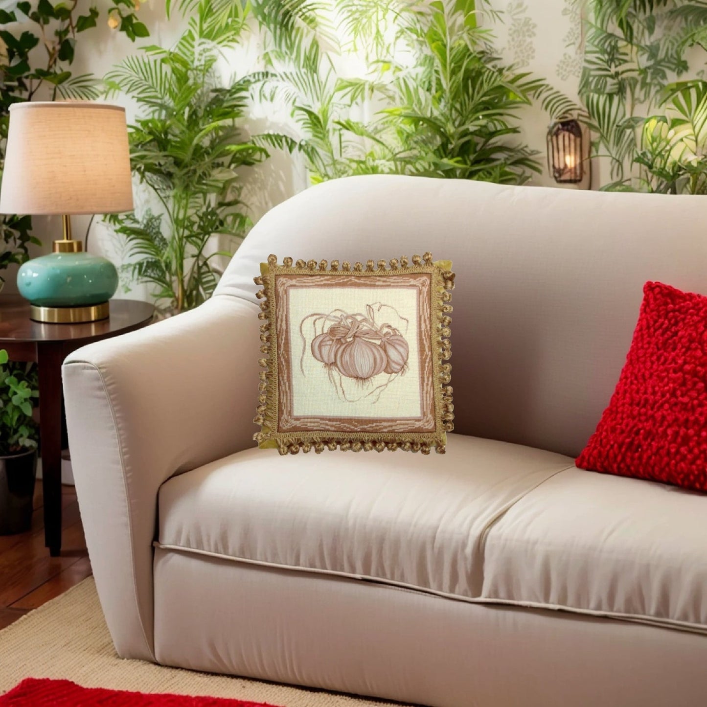 Handmade Wool Needlepoint Pillow Cover - Decorative Throw Cushion Cover - Vintage Floral Embroidery Design garlic with tassel