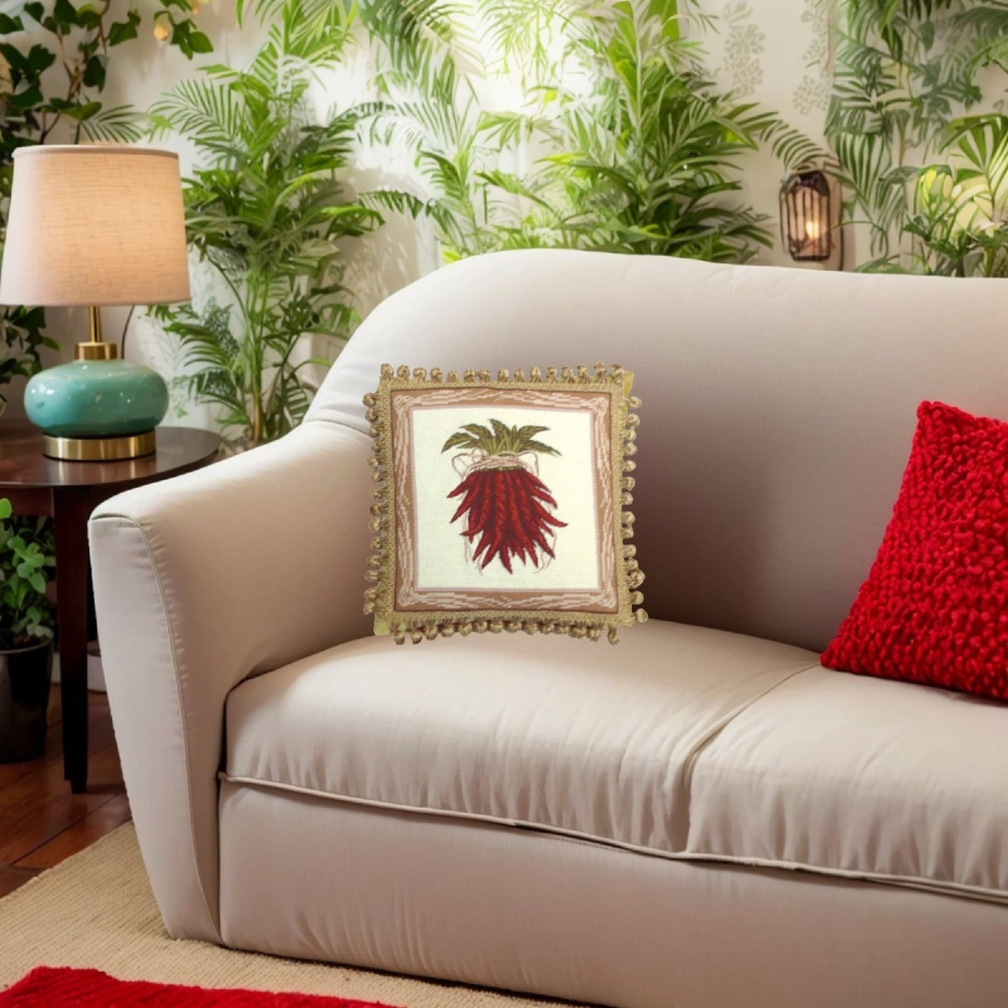 Handmade Wool Needlepoint Pillow Cover - Decorative Throw Cushion Cover - Vintage Floral Embroidery Design red pepper with tassel