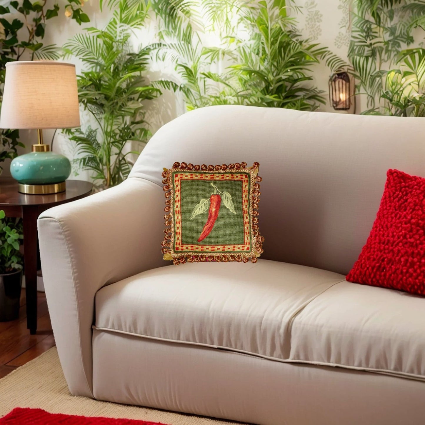 Handmade Wool Needlepoint Pillow Cover - Decorative Throw Cushion Cover - Vintage Floral Embroidery Design  background 3 color tassel 5