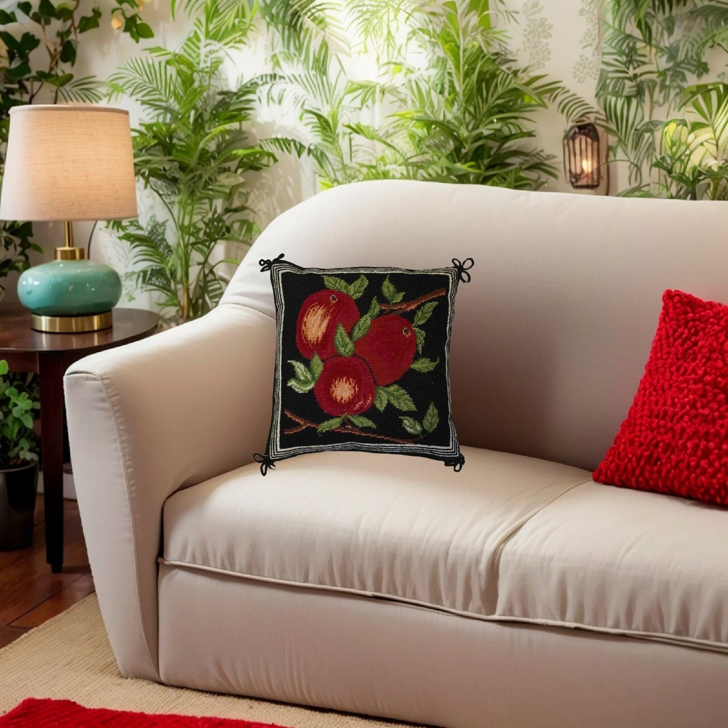 Handmade Wool Needlepoint Pillow Cover - Decorative Throw Cushion Cover - Vintage Floral Embroidery Design red apples black background