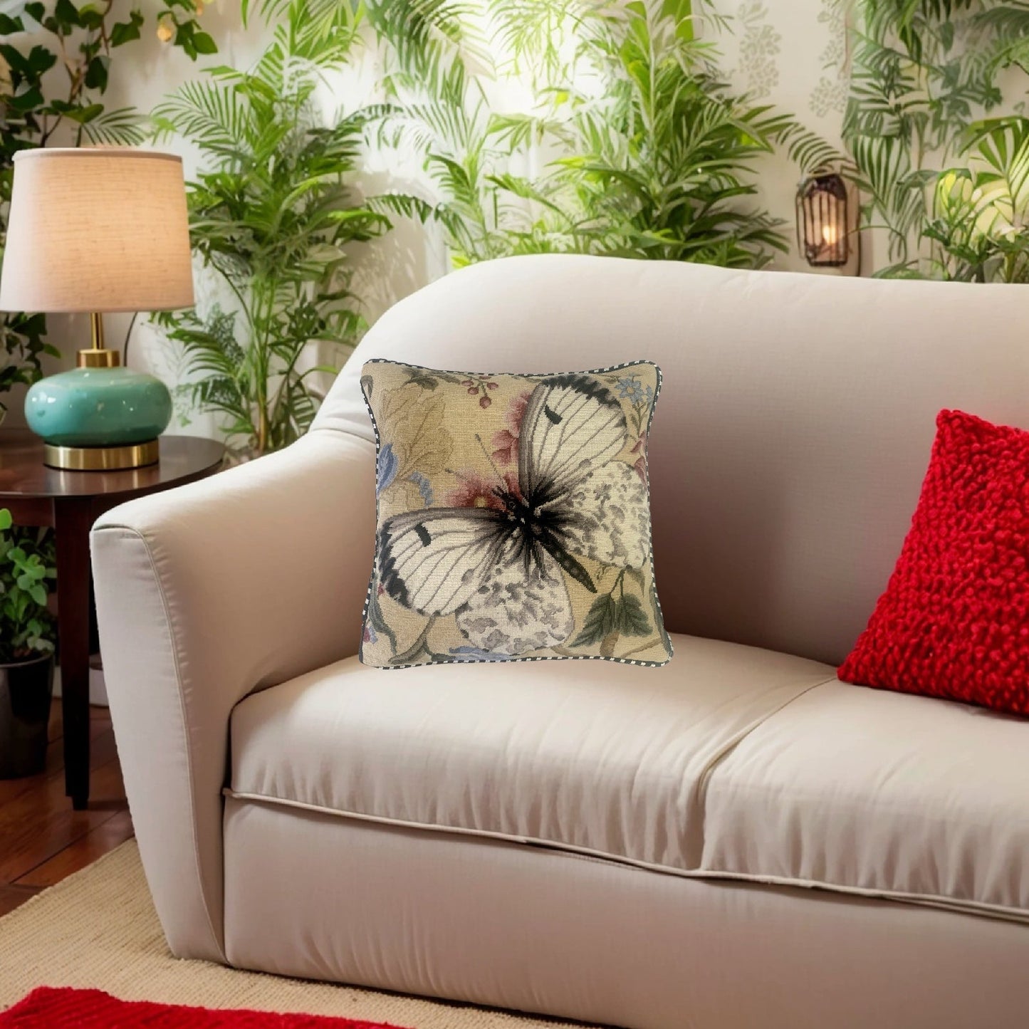 Handmade Wool Needlepoint Pillow Cover - Decorative Throw Cushion Cover - Vintage Floral Embroidery Design  butterfly w/b soft dots pink flower with cording