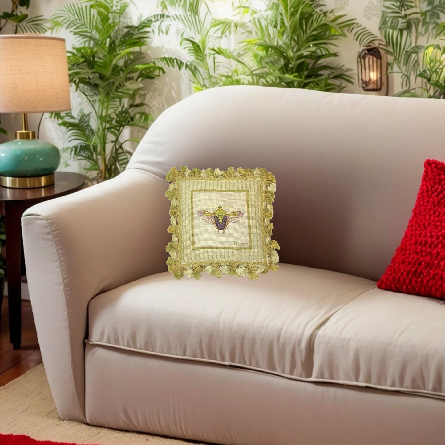 Handmade Wool Needlepoint Pillow Cover - Decorative Throw Cushion Cover - Vintage Floral Embroidery Design Jan Cooleys Stink Bug Finest insect Flyer grosspoint background with tassels