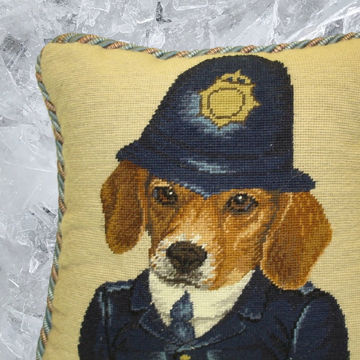 Handmade Wool Needlepoint Pillow Cover - Decorative Throw Cushion Cover - Vintage Floral Embroidery Design  Bobby Beagle with 2 color cording