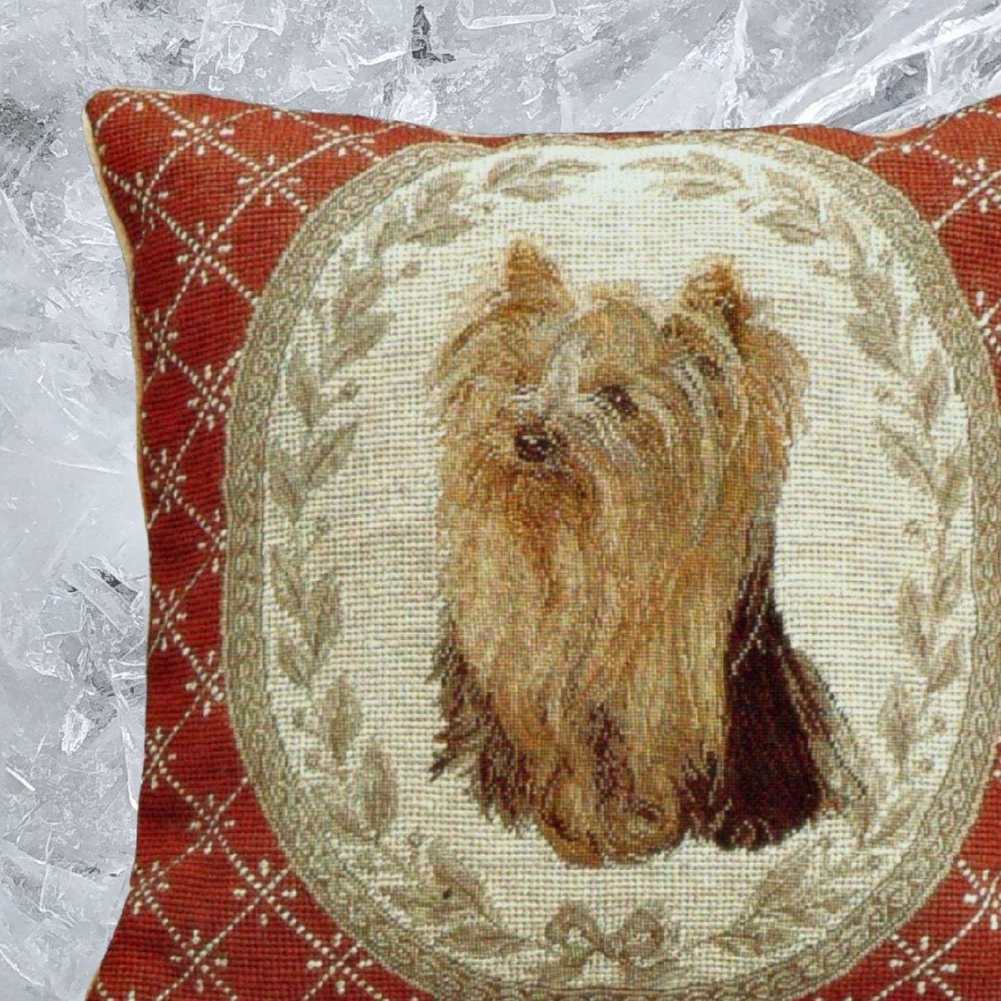 Handmade Wool Needlepoint Pillow Cover - Decorative Throw Cushion Cover - Vintage Floral Embroidery Design  Yorkshire Terrier in red weather frame