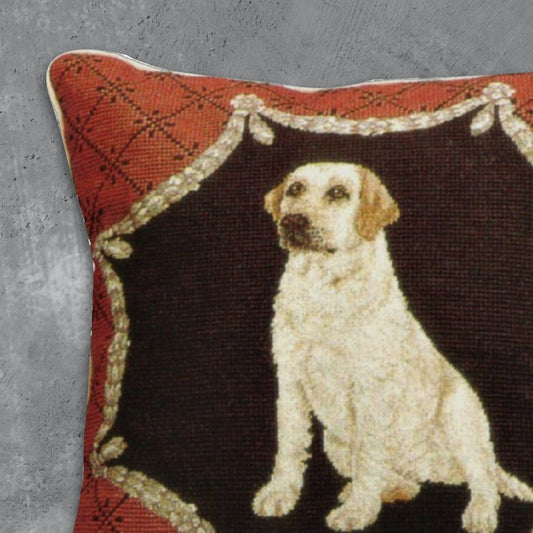 Handmade Wool Needlepoint Pillow Cover - Decorative Throw Cushion Cover - Vintage Floral Embroidery Design  yellow Labradorin red trimming frame