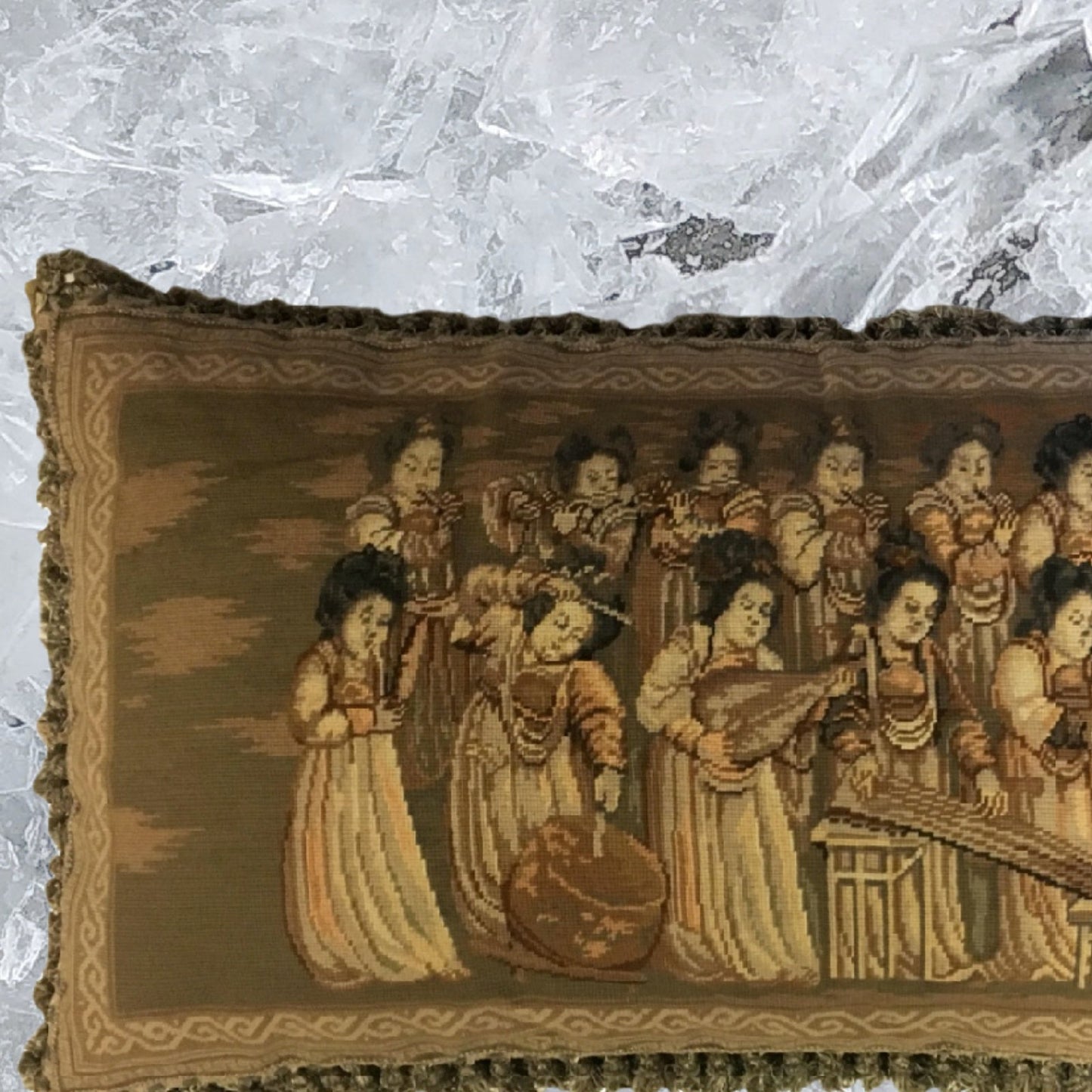 Handmade Wool Needlepoint Pillow Cover - Decorative Throw Cushion Cover - Vintage Floral Embroidery Design musician ladies from China old silk road painting with tassels 1