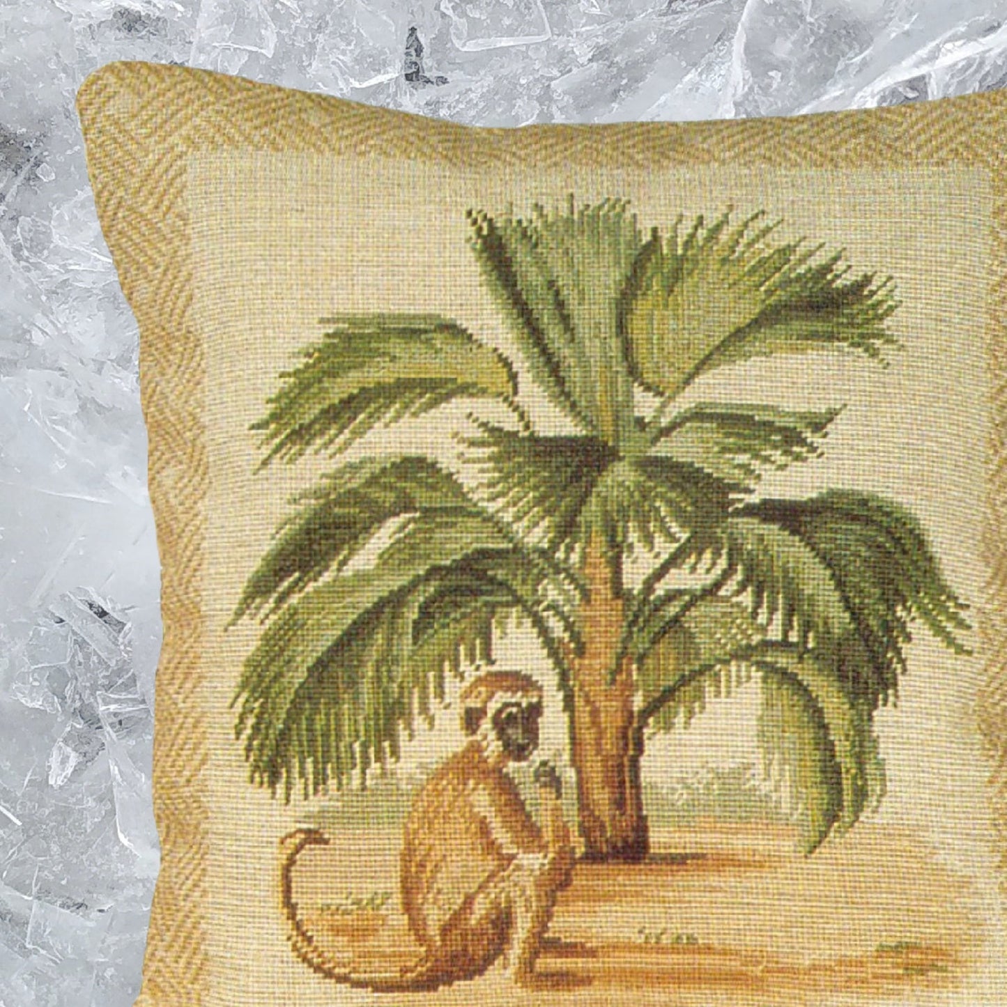 Handmade Wool Needlepoint Pillow Cover - Decorative Throw Cushion Cover - Vintage Floral Embroidery Design 5  long tail monkey & palm tree waved frame 1