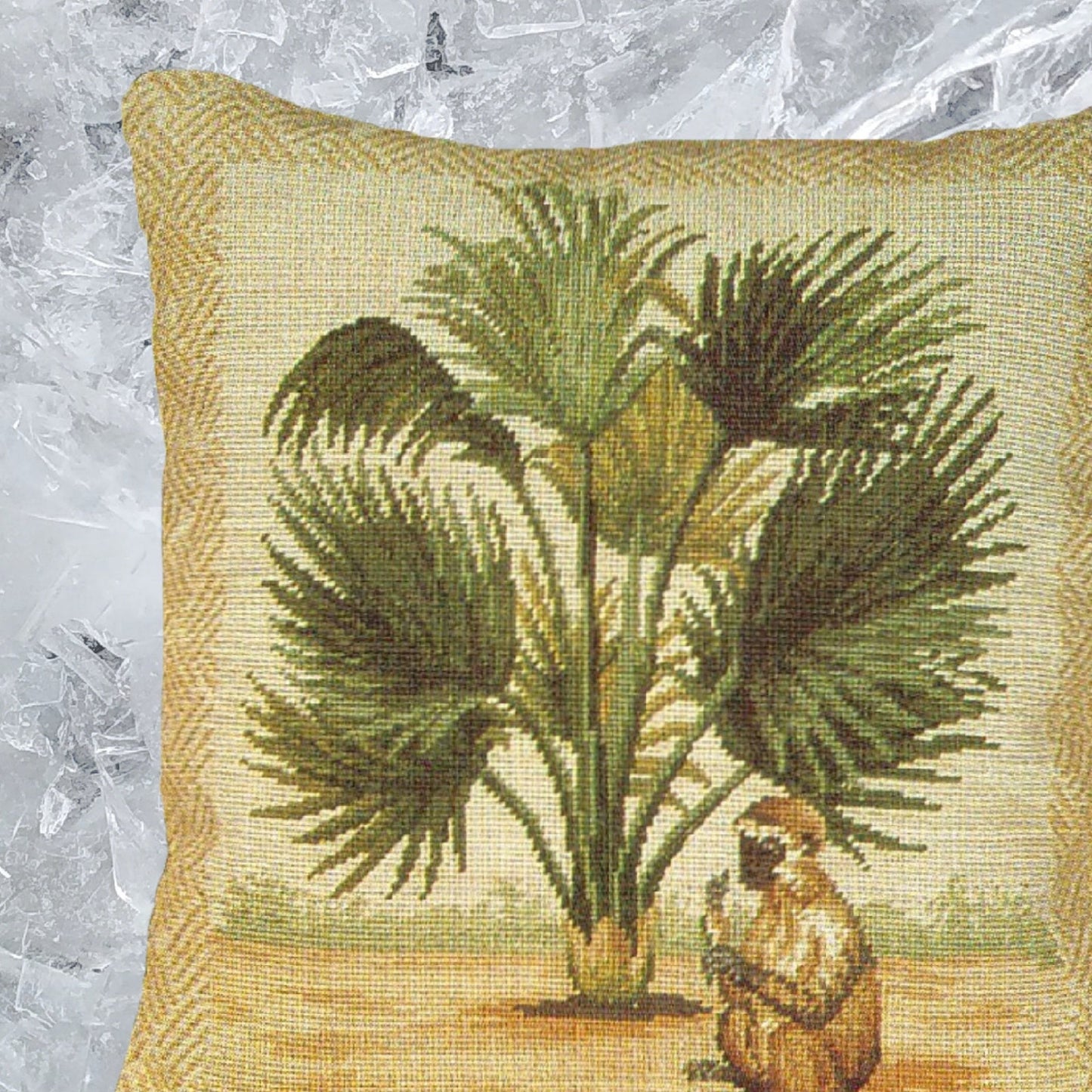 Handmade Wool Needlepoint Pillow Cover - Decorative Throw Cushion Cover - Vintage Floral Embroidery Design 5  long tail monkey & palm tree waved frame