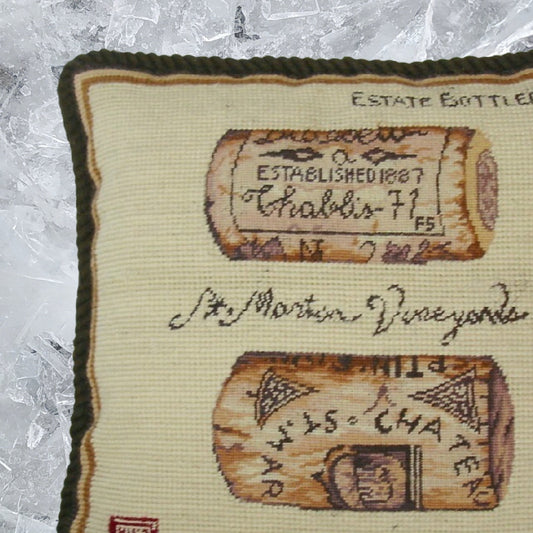 Handmade Wool Needlepoint Pillow Cover - Decorative Throw Cushion Cover - Vintage Floral Embroidery Design corks back Angela Staehling designSt Martin Vineyards with cording