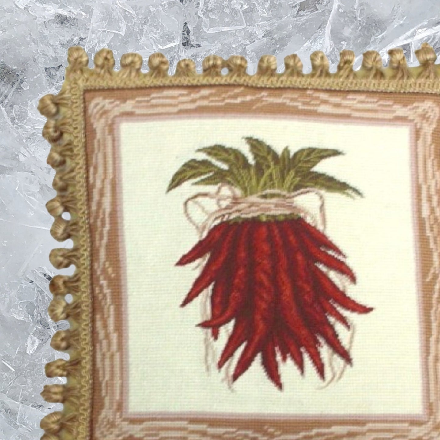 Handmade Wool Needlepoint Pillow Cover - Decorative Throw Cushion Cover - Vintage Floral Embroidery Design red pepper with tassel
