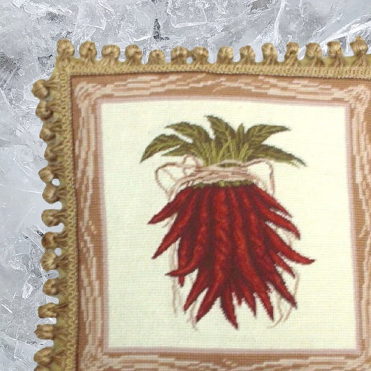 Handmade Wool Needlepoint Pillow Cover - Decorative Throw Cushion Cover - Vintage Floral Embroidery Design red pepper with tassel