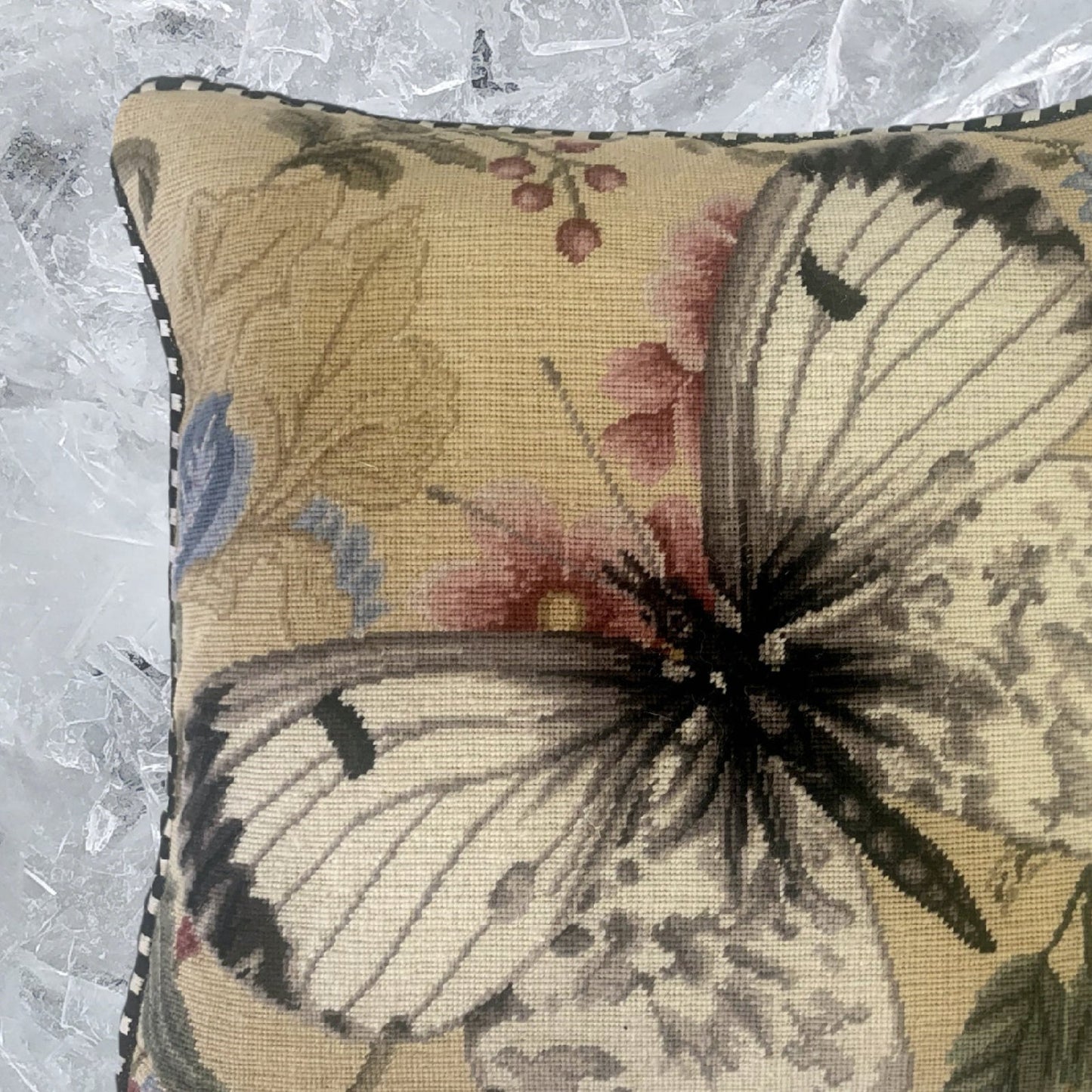 Handmade Wool Needlepoint Pillow Cover - Decorative Throw Cushion Cover - Vintage Floral Embroidery Design  butterfly w/b soft dots pink flower with cording