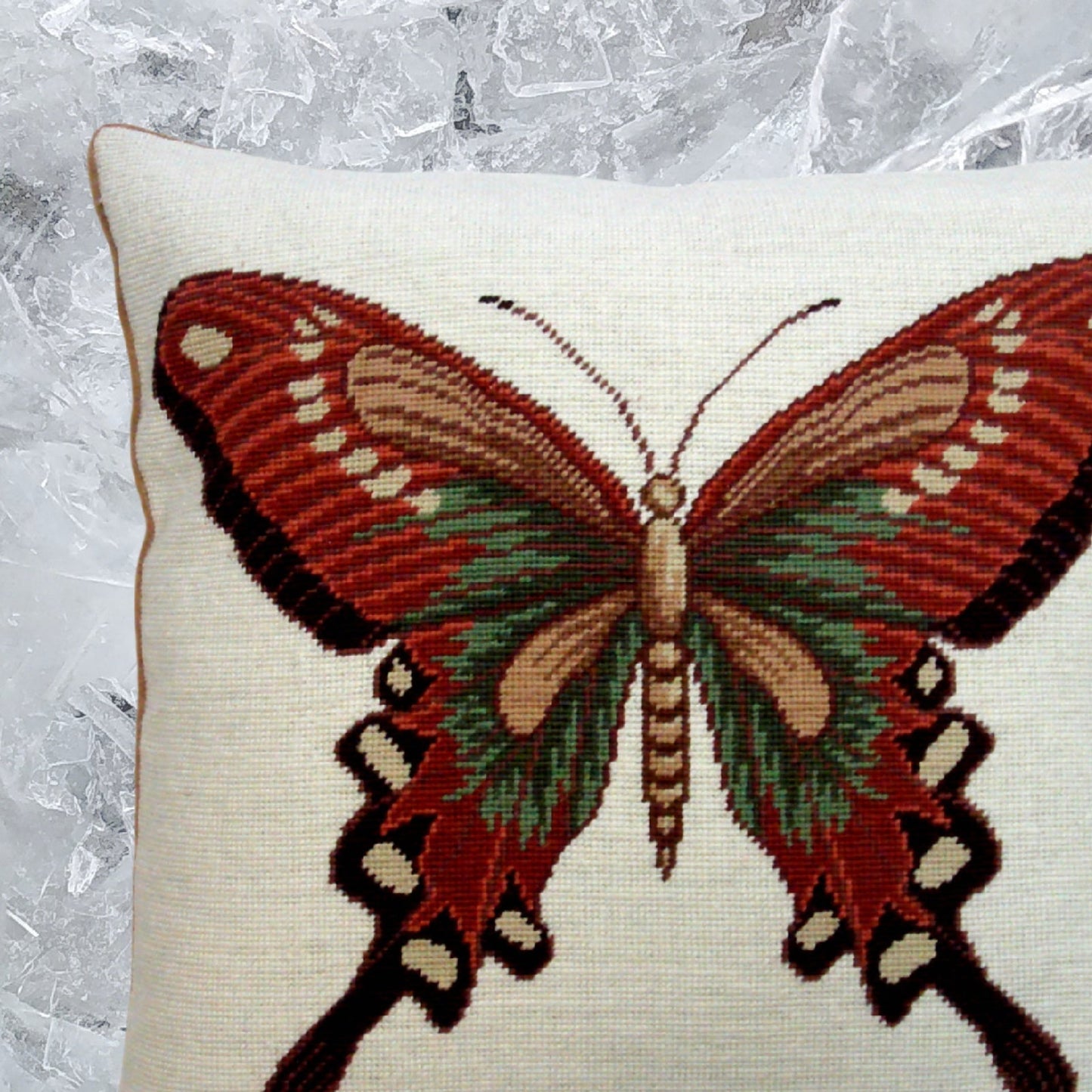 Handmade Wool Needlepoint Pillow Cover - Decorative Throw Cushion Cover - Vintage Floral Embroidery Design big butterfly